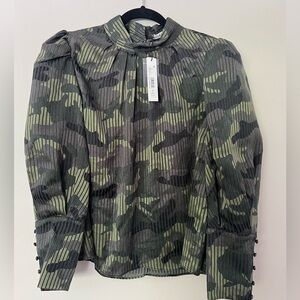 NWT Alice + Olivia Winslet Camo Print Long Cuff Tunic Blouse Green Size XL